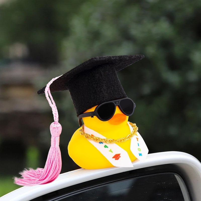 wonuu Graduation Stole Rubber Ducks, Dashboard Decorations Duck for Car Ornament Accessories with Hat Sunglasses Sash Chain (Pink) - Image 3